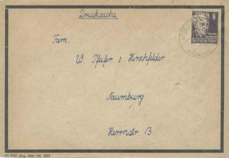 Germany Soviet Zone 6pf Gerhart Hauptmann 1949 Grossjena, Naumburg Printed ma...