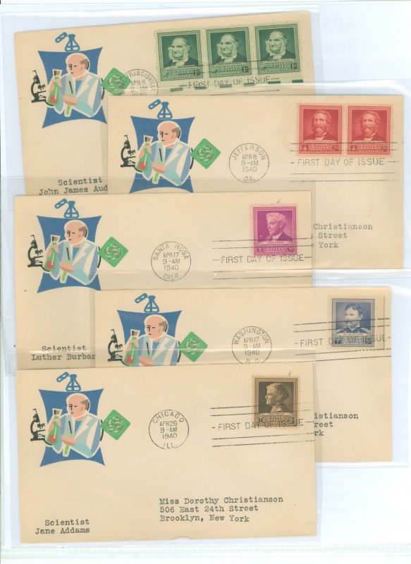 US 874-878 1940 Scientists (part of the famous American series) set of five on five first day covers (addressed/typed) with matc