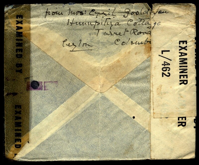 Ceylon 1943 Double censored cover Colombo to Bermuda  WOW