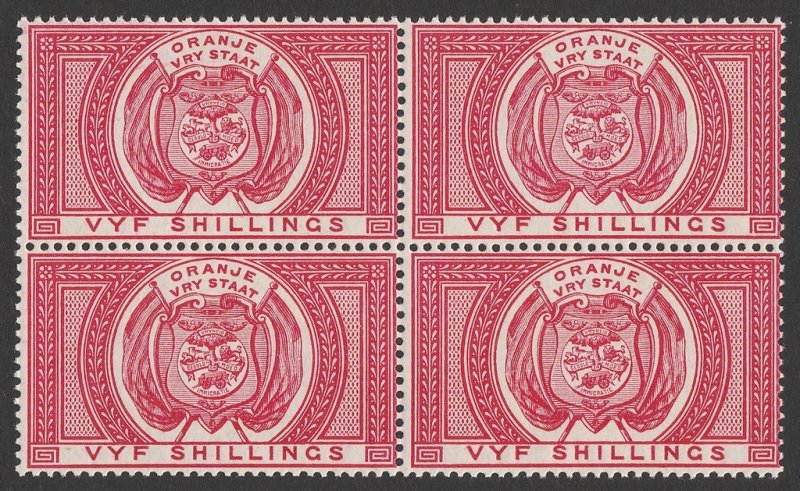 ORANGE FREE STATE 1882 Arms 5/- rose Postal Fiscal, block. MNH **. 