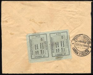 Angola, 1945 Emergency Issue, 90a green on black, vertical pair, used on back...