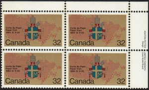 HISTORY = COAT-OF-ARMS, MAP = Canada 1984 #1030 MNH UR BLOCK OF 4