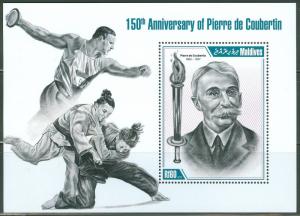 MALDIVES  2013  150th ANN OF PIERRE de COUBERTIN SOUVENIR SHEET   MINT NH