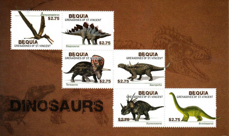 Bequia Gren St Vincent 2013 MNH Dinosaurs 6v M/S Stegosaurus Brontosaurus Stamps 