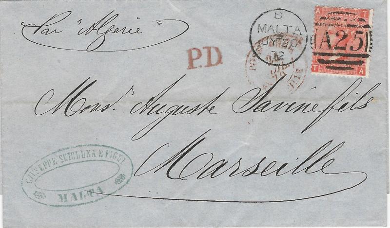 Malta, Scott #A46, Plate 12, Used on 1872 Cover, to Marseilles, France