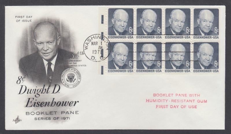 US Sc 1393a var. FDC. 1971 6c Eisenhower Experimental Gum pane of 8, wide eletri