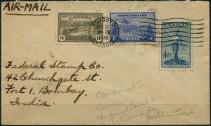 25c airmail cover to INDIA 1949 NFLD and Canada cover