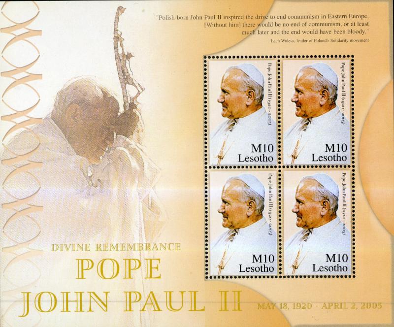 LESOTHO 1371 MNH FULL SHEET/4 SCV $37.50 BIN $18.50 POPE JOHN PAUL II