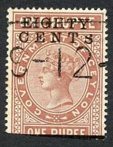 Ceylon Telegraph SGT88 80c on 1r Red-brown Type 83 Variety Broken S