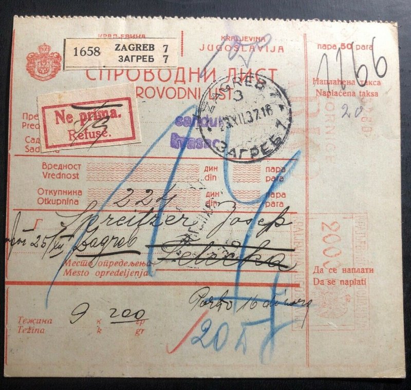 1937 Zagreb Yugoslavia Parcel Receipt Meter Cancel Cover Locally Used