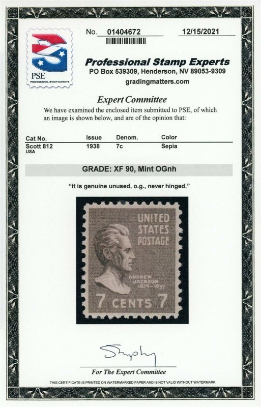 US Stamp #812 Andrew Jackson 7c - PSE Cert - XF 90 - MOGNH - SMQ $12.00
