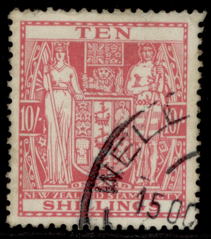 NEW ZEALAND GVI SG F177, 10s carmine-lake, USED.