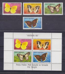 Turkey Sc 2421-2424a MNH. 1988 Butterflies + Souvenir Sheet
