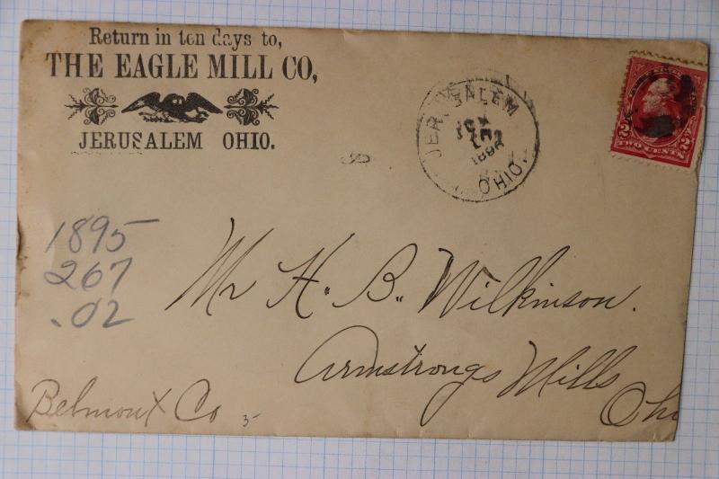 Eagle Mill Co ad Jerusalem OH Hand Cancel 1896 Quaker Mormon town Settlement