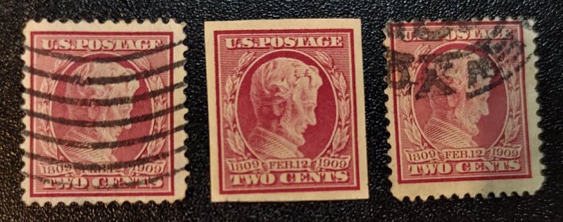Scott Stamp# 367, 368, 369 - Complete Set, 1909 Lincoln Memorial Series.