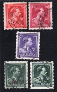 Belgium 1944-57 1fr to 5fr, -10% on 5fr Leopold III Scott 354-355, 357, 360, 367