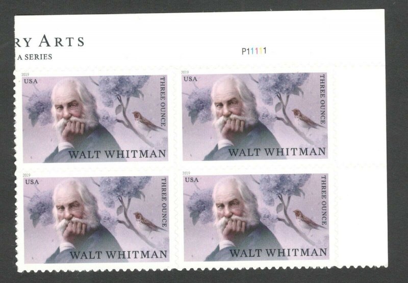 5414 Walt Whitmam Three Ounce (85c) Plate Block Mint/nh FREE SHIPPING