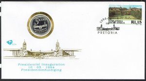 SOUTH AFRICA 1994 NELSON MANDELA INAUGURATION STAMP AND COIN FIRST DAY COVER