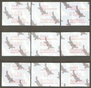 AUSTRALIA Sc# 1986 Issue MNH FVF Set of 9 x Computer Vend