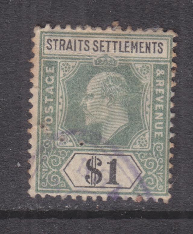 STRAITS SETTLEMENTS, 1902 KEVII, CA, $ 1.00 Dull Green & Black, fiscal cancel.