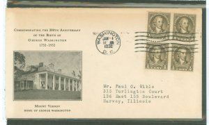 US 704 1932 1/2c Washington Bicentennial (block of 4) on an addressed (typed) first day cover with a nice (1st) cachet.