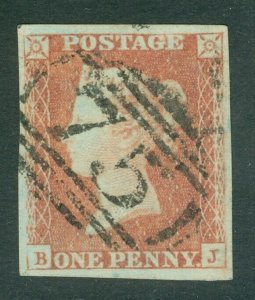 SG 8 1d red-brown plate 88 lettered BJ. Very fine used 4 margin example 