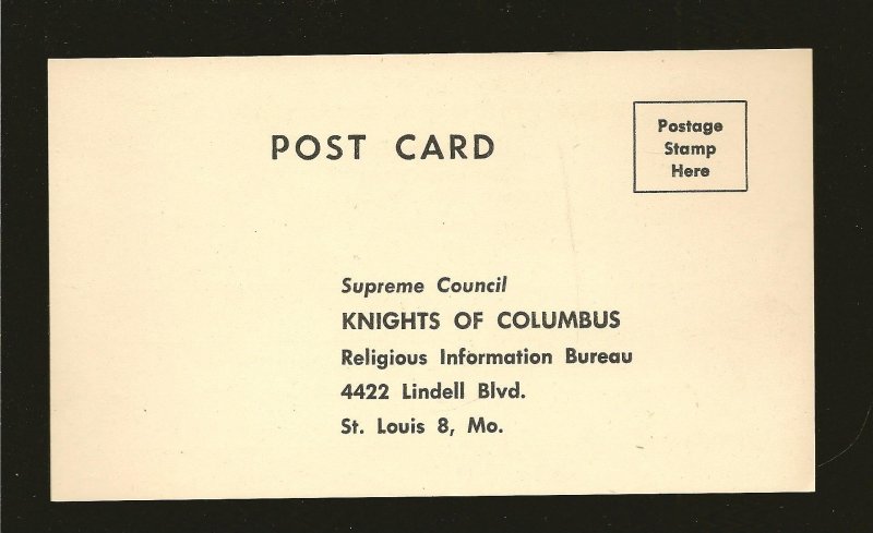 USA Vintage Knights of Columbus Postcard Unused