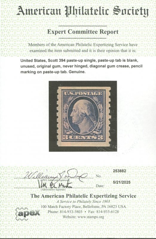 U.S. #394 MINT PASTE UP SINGLE WITH APS CERT OG NH