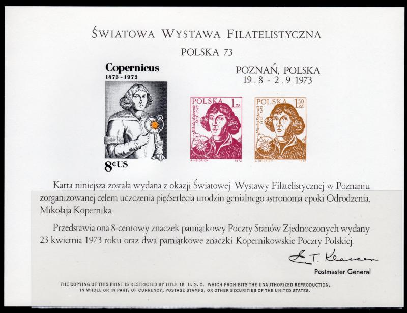 POLAND/USA 1973 SOUVENIR CARD COPERNICUS 1473-1973 MNH