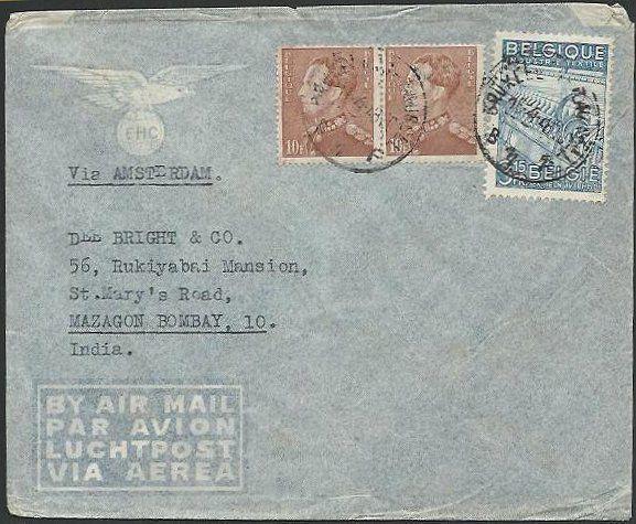 BELGIUM 1948 airmail cover to India - nice franking inc pair 10f...........59310