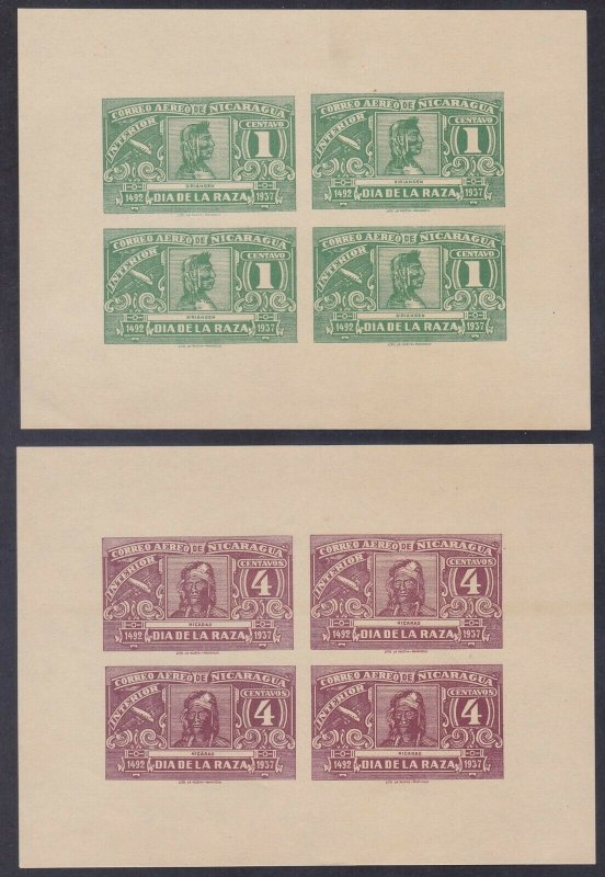 Nicaragua C215-16 MNH (NGAI) 1937 Driangen & Nicarao IMPERF Blocks of 4 VF