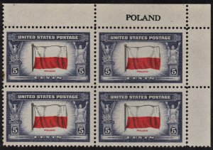 SC#909 5¢ Poland Name Block (1943) MNH/Tone