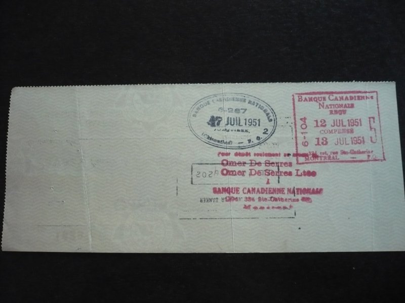 Canada - Revenue - KGVI Issue Stamps on cheque dated 1951