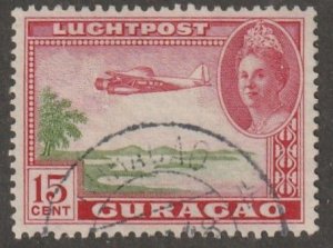 Curacao, stamp, scott#C19,  used,  hinged,  15  cent, plane