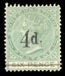 St. Christopher #20 Cat$60, 1888 4p on 6p green, unused without gum