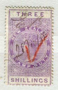 NEW ZEALAND; 1900s early classic QV Stamp Duty fine used 3s. value