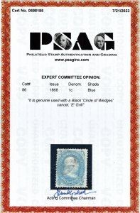 Scott Stamp# 86-Used 1868 1¢ Franklin Blue, with PSAG Cert.  Sound. SCV $450.00