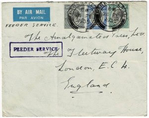 Tanganyika 1935 Dar es Salaam cancel on airmail cover to England, Feeder Service