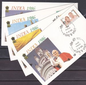 India, 1986. 06-07/FEB/86, Pope`s visit to India. 4 Cancels on Cachet covers.