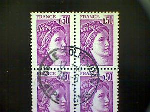 France, Scott #1567, used(o) block of four, 1977, Sabine, 50cts, red lilac