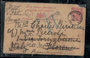 MALAYA  STRAITS COVER (P3008B)1896 QV 3C PSC SINGAPORE SENT TO ITALY , FORWARDED 