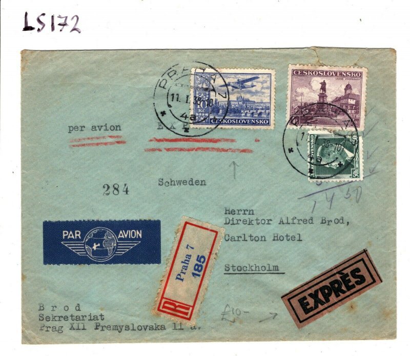 CZECHOSLOVAKIA Cover Prague Reg'd EXPRESS Air Mail SWEDEN Stockholm 1938 LS172