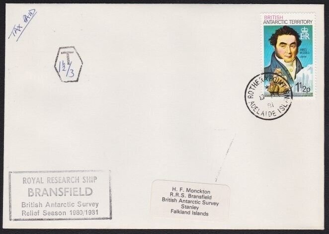BR ANTARCTIC TERRITORY 1981 TAXED cover Research Ship BRANSFIELD cachet....a8667