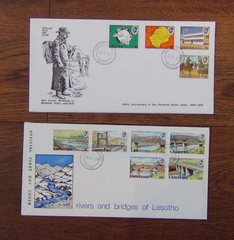 Lesotho FDC x 10 1973 1976 Red Cross Instruments UPU Bridges Food Siege Youth 