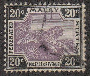  Malaya 20c Black, Gray Violet Tiger (Scott #24) Used