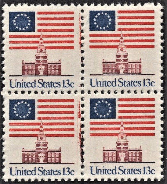 US 1622 MNH VF 13 Cent Flag Independance Hall Dramatic Ink Error Block of 4