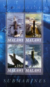 Malawi Submarine Ocean Marine Transportation Souvenir Sheet of 4 Stamps Mint NH