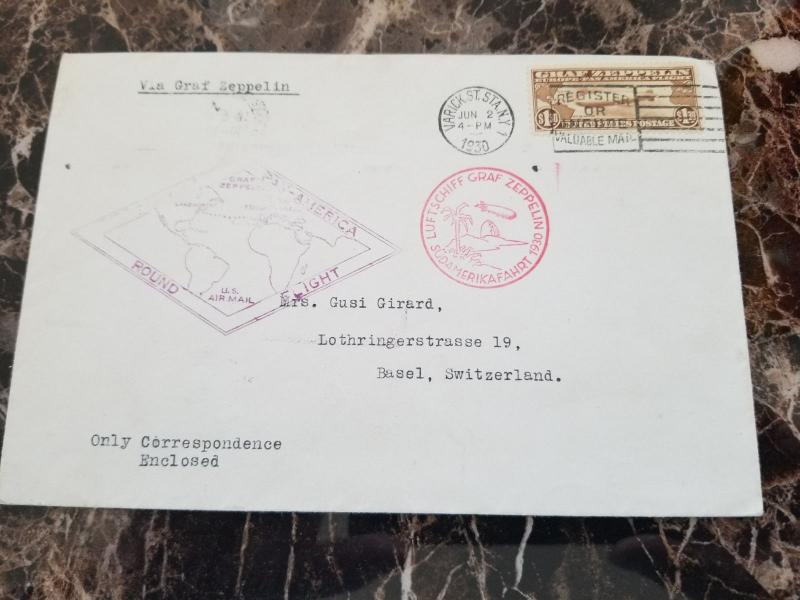 1930 USA Graf Zeppelin cover Around the World to Basel Switzerland # C14