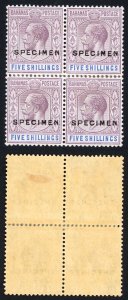 Bahamas SG124s 5/- Dull purple and Blue wmk Script CA SPECIMEN Re-joined BLOCK