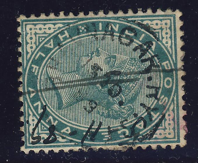 INDIA - 1889 -  BHAVNAGAR.RY.STN.  CDS on SG 85 1/2a. blue-green